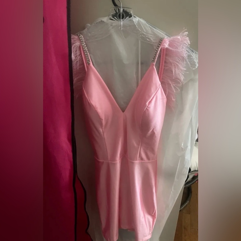 Feather-Trim Pink Mini Dress with Crystal Straps